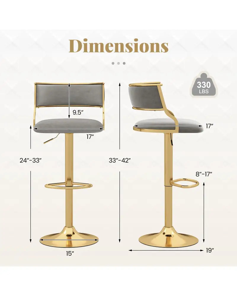 Swivel Bar Stool Set of 2 Dutch Velvet Height Adjustable Island Stools-Grey - Gray - Bar Stools