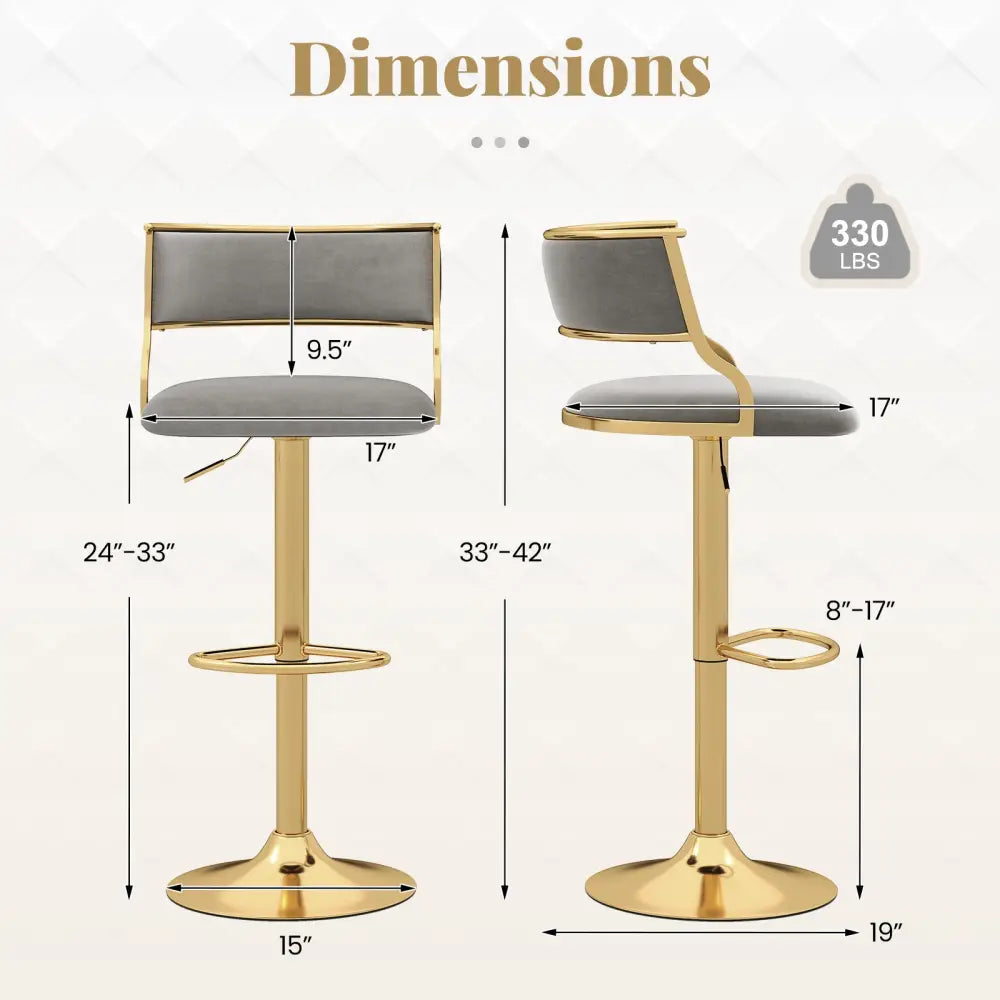 Swivel Bar Stool Set of 2 Dutch Velvet Height Adjustable Island Stools-Grey - Gray - Bar Stools