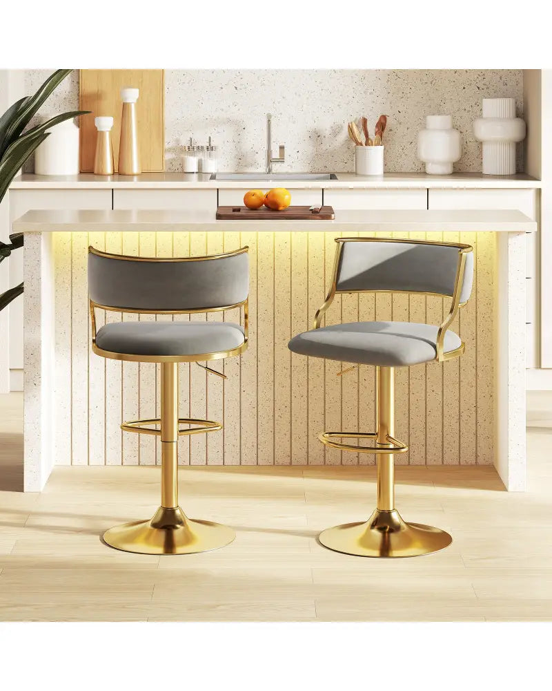 Swivel Bar Stool Set of 2 Dutch Velvet Height Adjustable Island Stools-Grey - Gray - Bar Stools