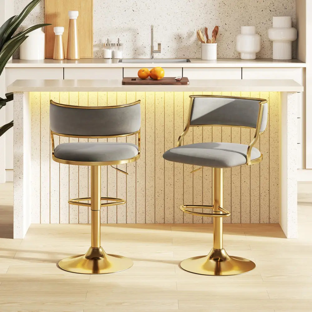 Swivel Bar Stool Set of 2 Dutch Velvet Height Adjustable Island Stools-Grey - Gray - Bar Stools