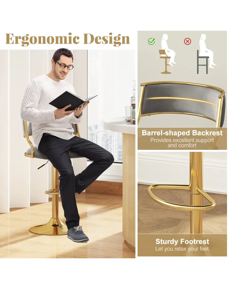 Swivel Bar Stool Set of 2 Dutch Velvet Height Adjustable Island Stools-Grey - Gray - Bar Stools