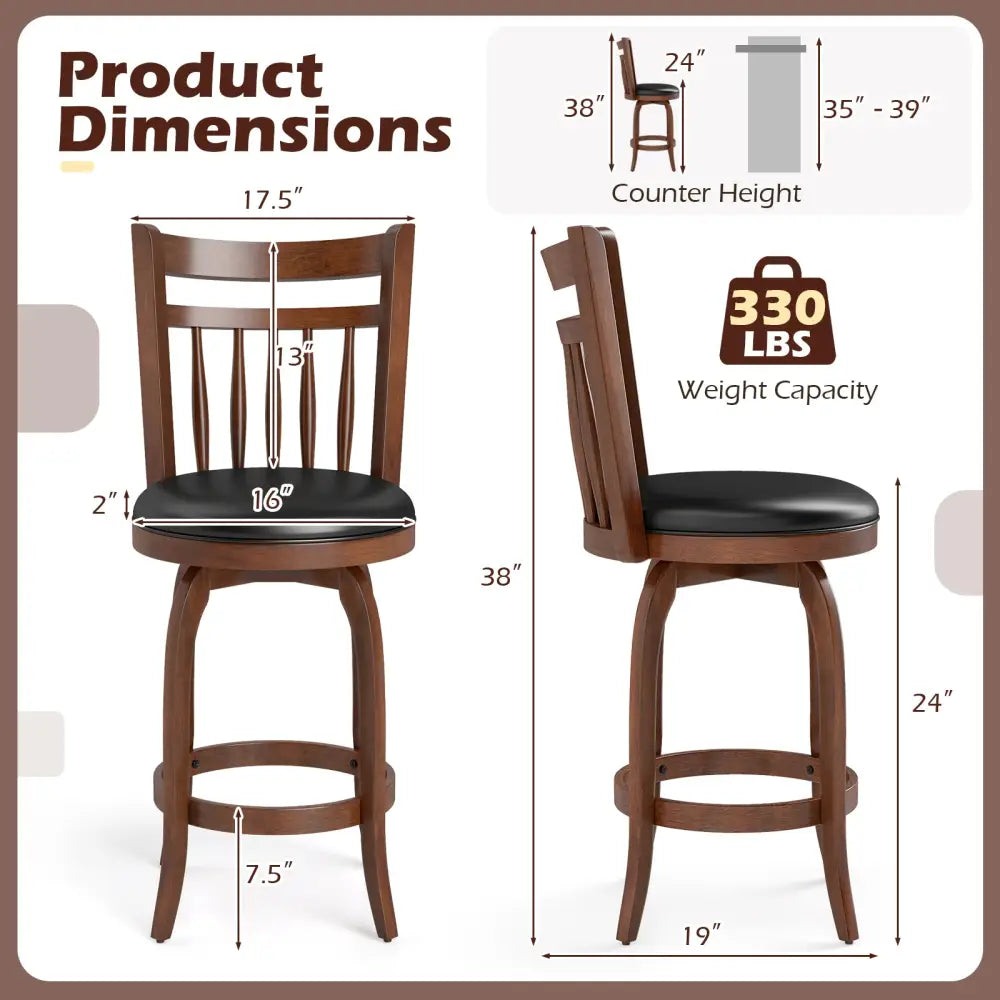 Swivel Bar Stools Set of 2 Counter Height Faux Leather Upholstered Barstools-24 Inches - Black - Bar Stools