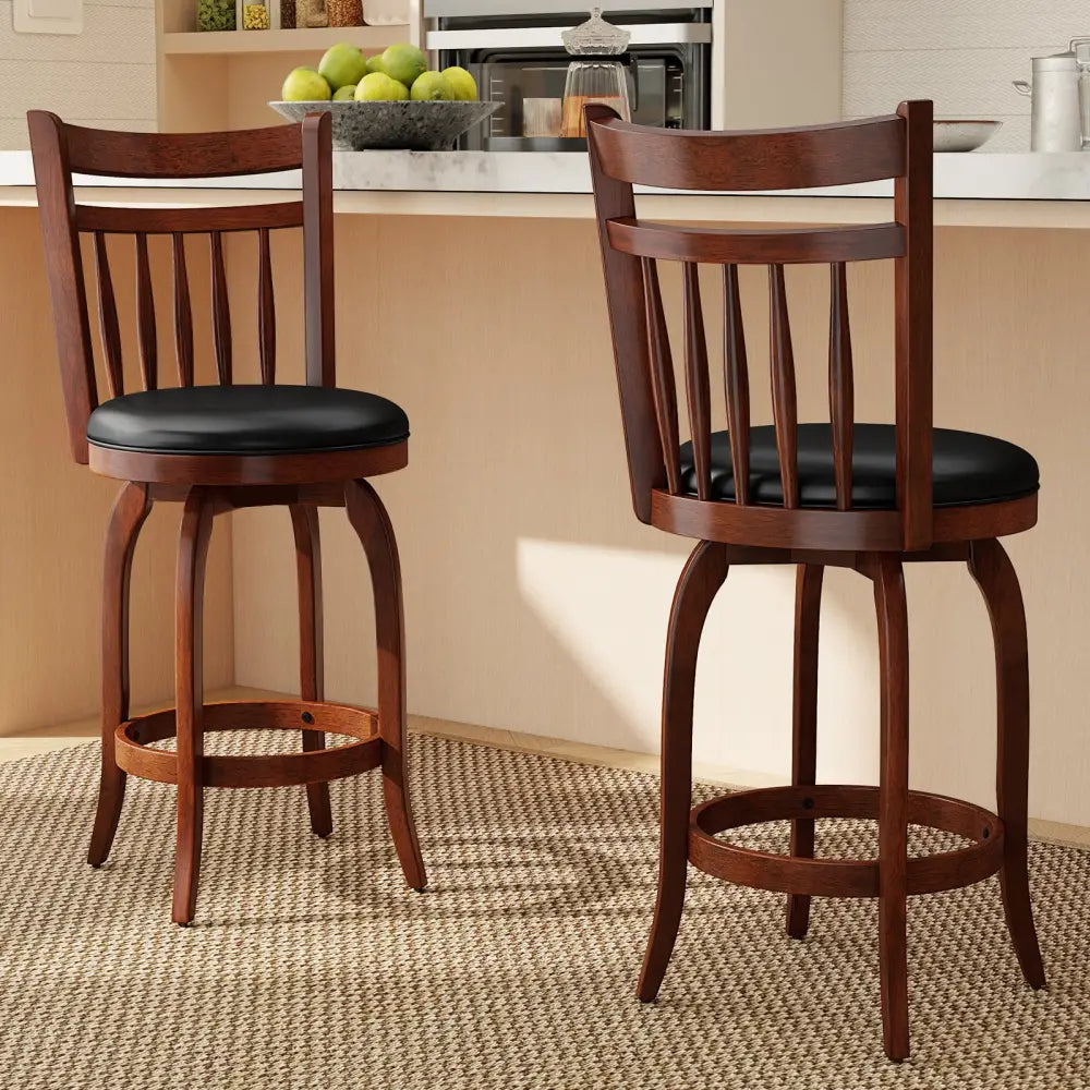Swivel Bar Stools Set of 2 Counter Height Faux Leather Upholstered Barstools-24 Inches - Black - Bar Stools