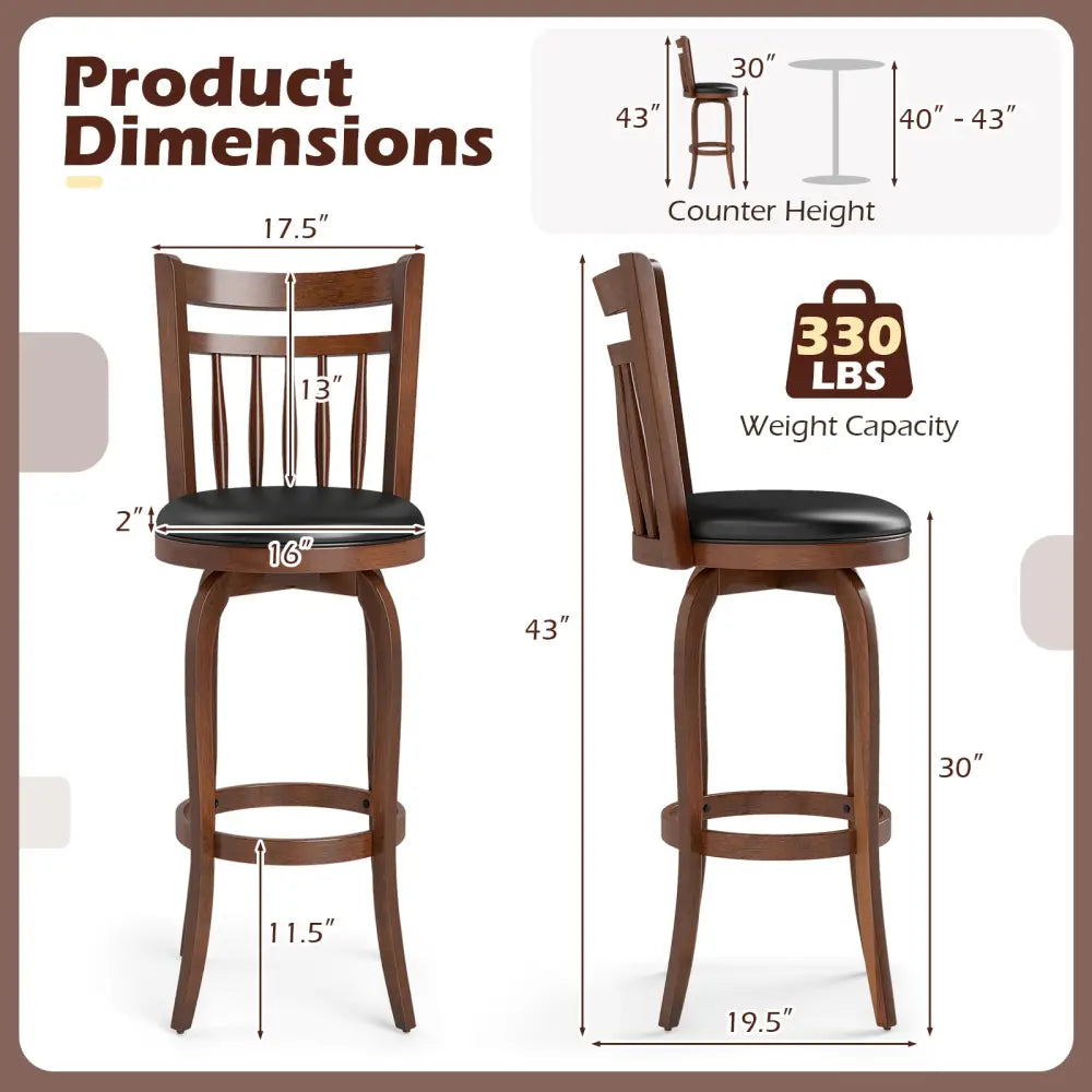 Swivel Bar Stools Set of 2 Counter Height Faux Leather Upholstered Barstools-29 Inhces - Black - Bar Stools