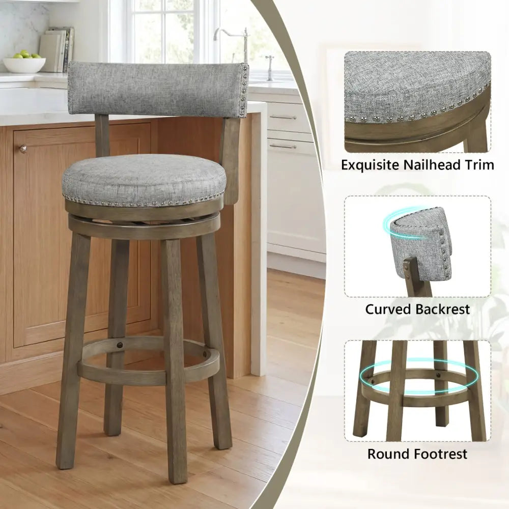 Swivel Bar Stools Set of 2 Linen Fabric Upholstered Barstools with Back-31.5 Inches - Gray - Bar Stools