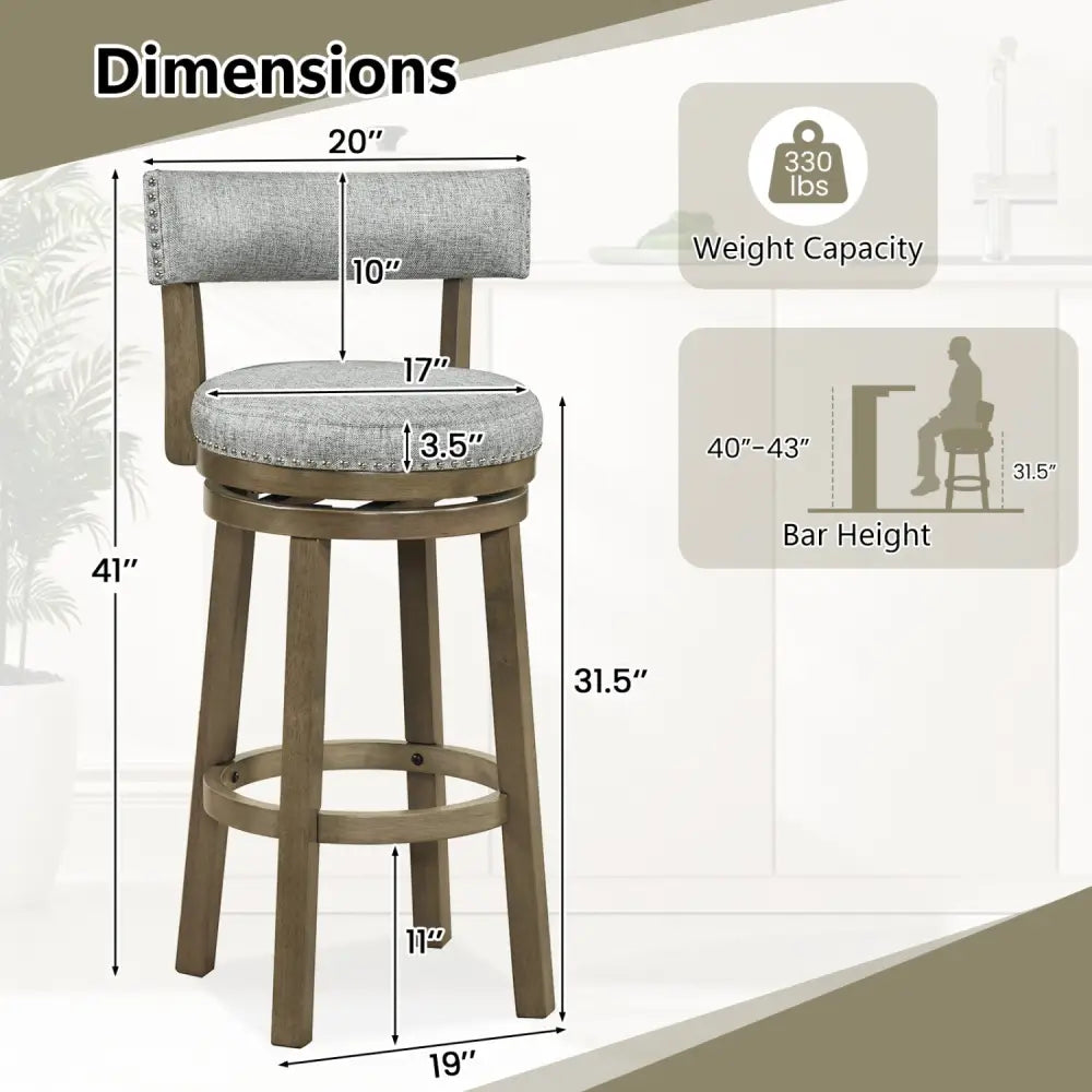 Swivel Bar Stools Set of 2 Linen Fabric Upholstered Barstools with Back-31.5 Inches - Gray - Bar Stools