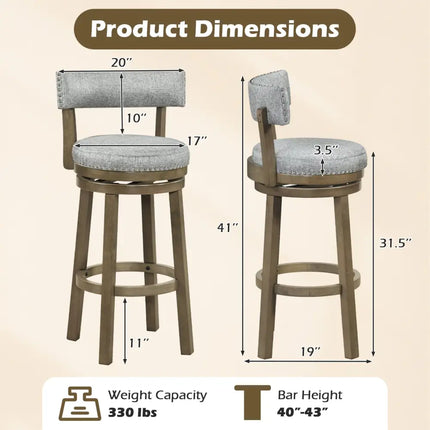 Swivel Bar Stools Set of 2 Linen Fabric Upholstered Barstools with Back-31.5 Inches - Gray - Bar Stools