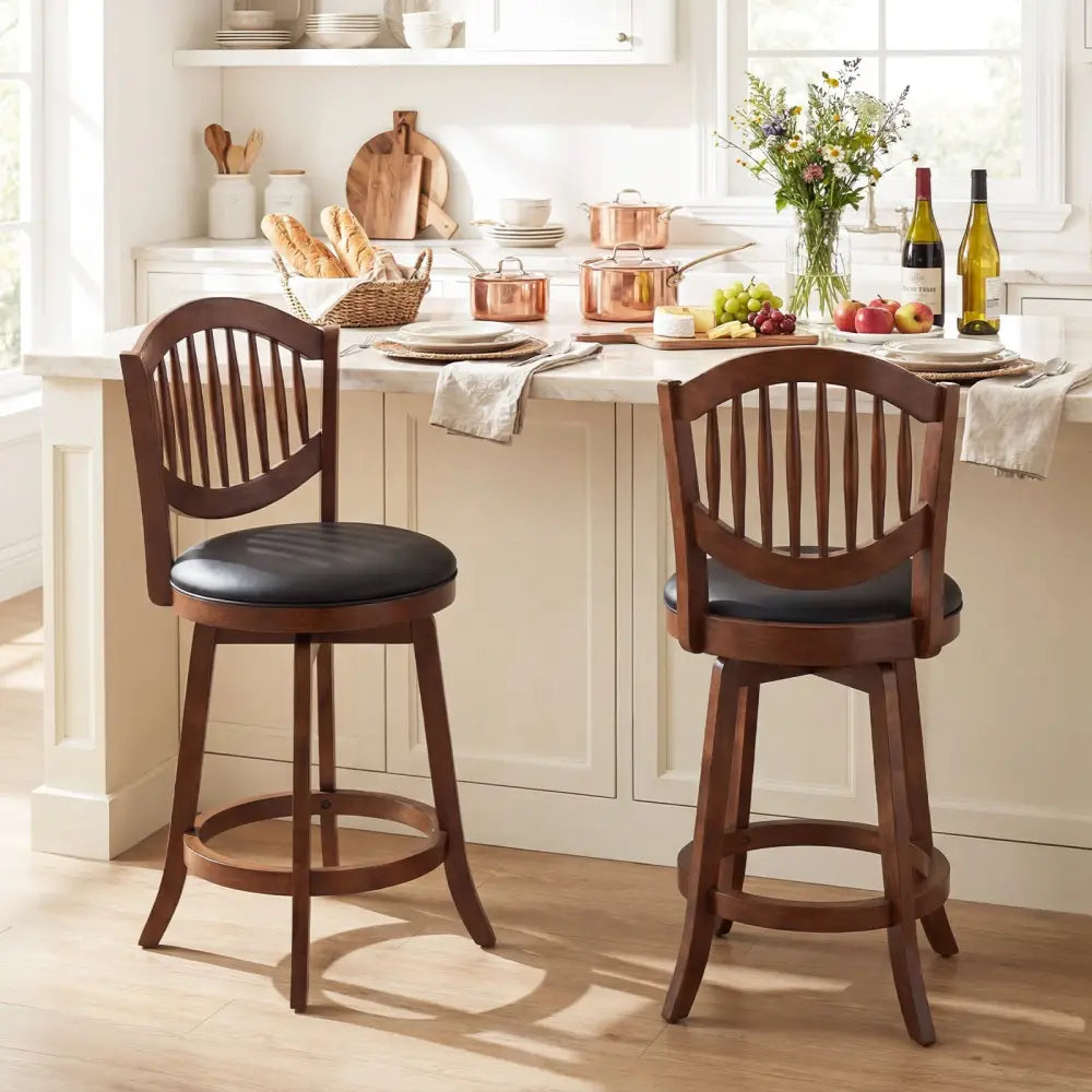 Swivel Bar Stools Set of 2 with Backrest and Wood Frame-25 Inches - Espresso - Bar Stools