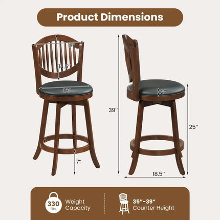 Swivel Bar Stools Set of 2 with Backrest and Wood Frame-25 Inches - Espresso - Bar Stools