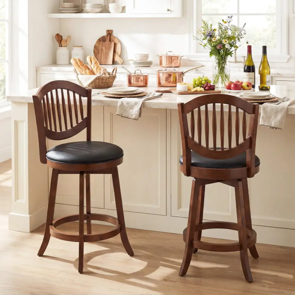 Swivel Bar Stools Set of 2 with Backrest and Wood Frame-25 Inches - Espresso - Bar Stools