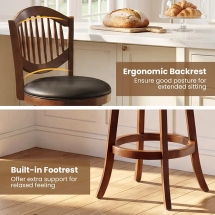 Swivel Bar Stools Set of 2 with Backrest and Wood Frame-30 Inches - Espresso - Bar Stools