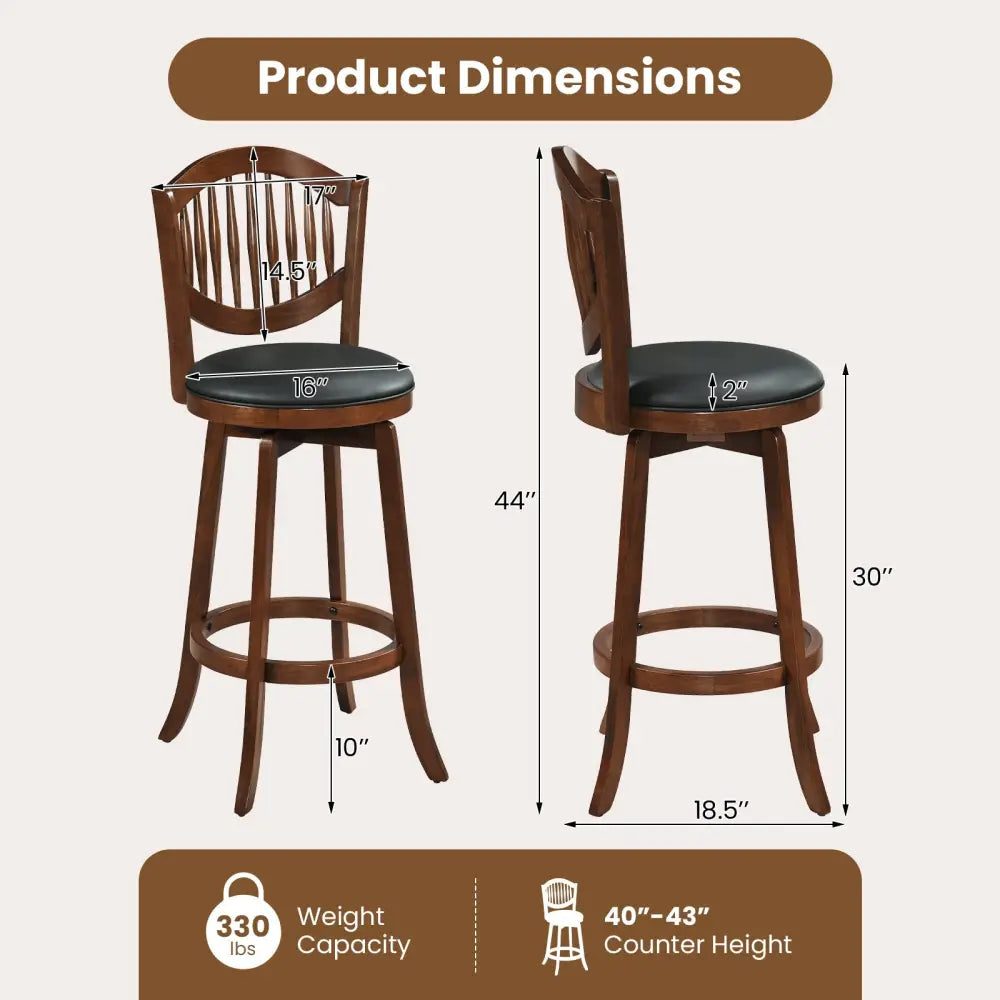Swivel Bar Stools Set of 2 with Backrest and Wood Frame-30 Inches - Espresso - Bar Stools
