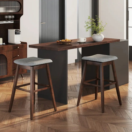 Swivel Bar Stools Set of 2 with Footrest and Rubber Wood Legs-Brown - Brown - Bar Stools
