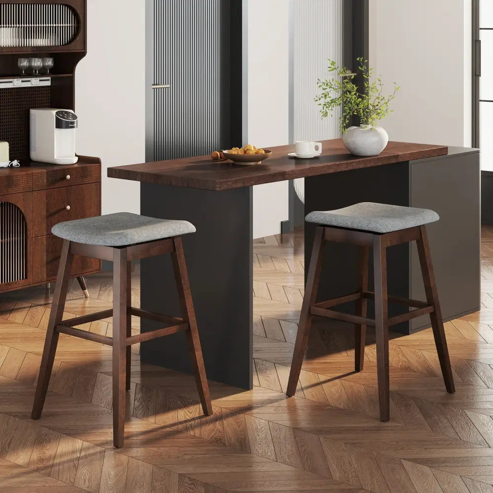 Swivel Bar Stools Set of 2 with Footrest and Rubber Wood Legs-Brown - Brown - Bar Stools