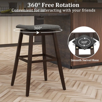 Swivel Bar Stools Set of 2 with Footrest and Rubber Wood Legs-Brown - Brown - Bar Stools