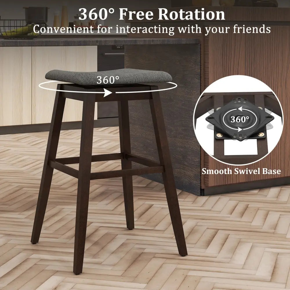 Swivel Bar Stools Set of 2 with Footrest and Rubber Wood Legs-Brown - Brown - Bar Stools