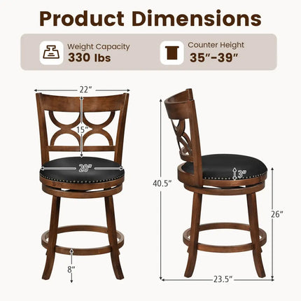 Swivel Bar Stools Set of 2 with High Backrest and Wood Frame-24 Inches - Espresso - Bar Stools