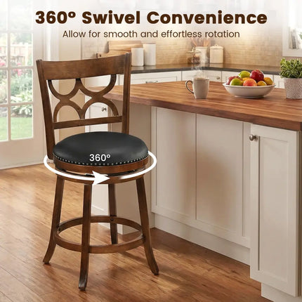 Swivel Bar Stools Set of 2 with High Backrest and Wood Frame-24 Inches - Espresso - Bar Stools