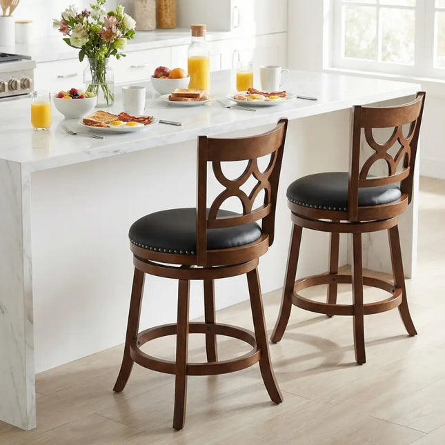 Swivel Bar Stools Set of 2 with High Backrest and Wood Frame-24 Inches - Espresso - Bar Stools
