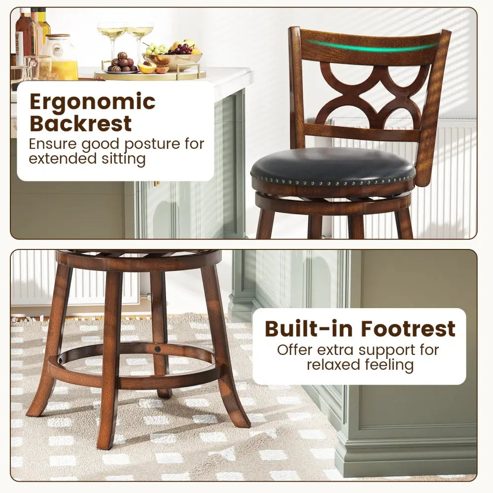 Swivel Bar Stools Set of 2 with High Backrest and Wood Frame-24 Inches - Espresso - Bar Stools