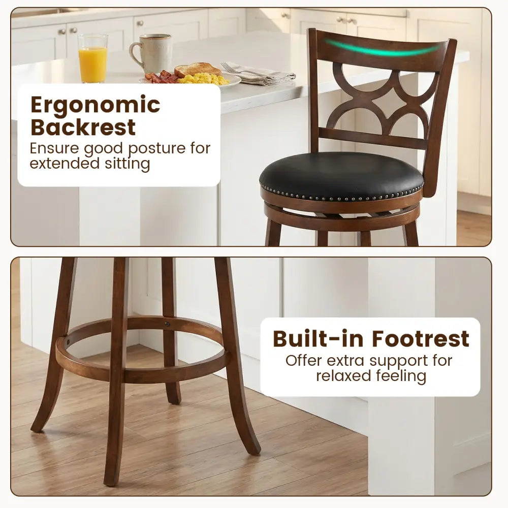 Swivel Bar Stools Set of 2 with High Backrest and Wood Frame-29 Inches - Espresso - Bar Stools
