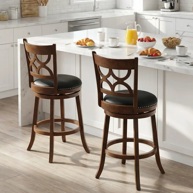 Swivel Bar Stools Set of 2 with High Backrest and Wood Frame-29 Inches - Espresso - Bar Stools