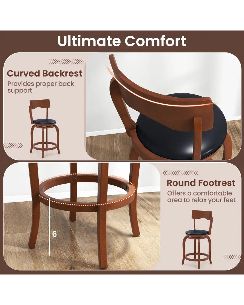 Swivel Bar Stools Set of 2 with Rubber Wood Frame and Upholstered Seat-24 Inch - Black & Brown - Bar Stools