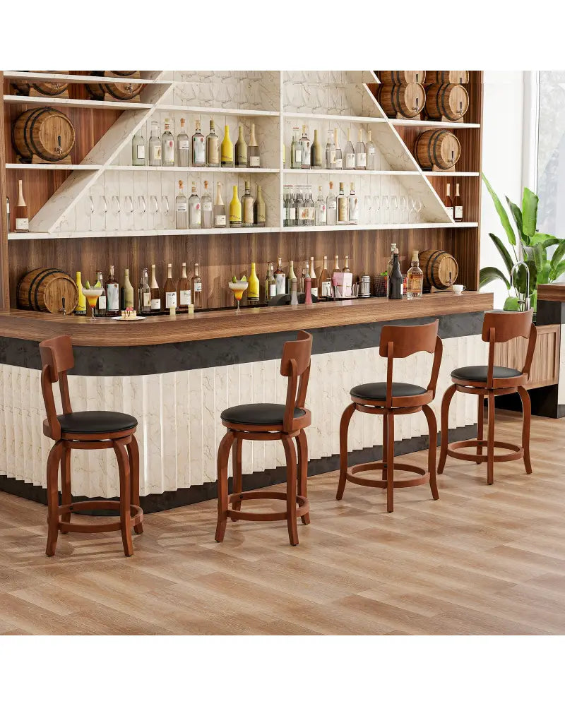 Swivel Bar Stools Set of 2 with Rubber Wood Frame and Upholstered Seat-24 Inch - Black & Brown - Bar Stools