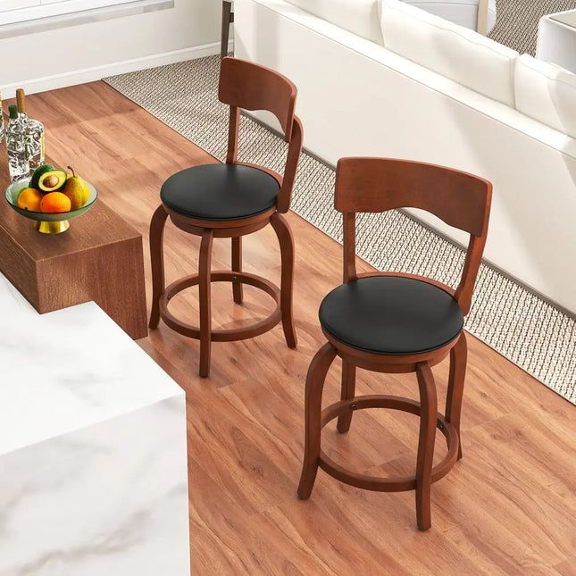 Swivel Bar Stools Set of 2 with Rubber Wood Frame and Upholstered Seat-24 Inch - Black & Brown - Bar Stools