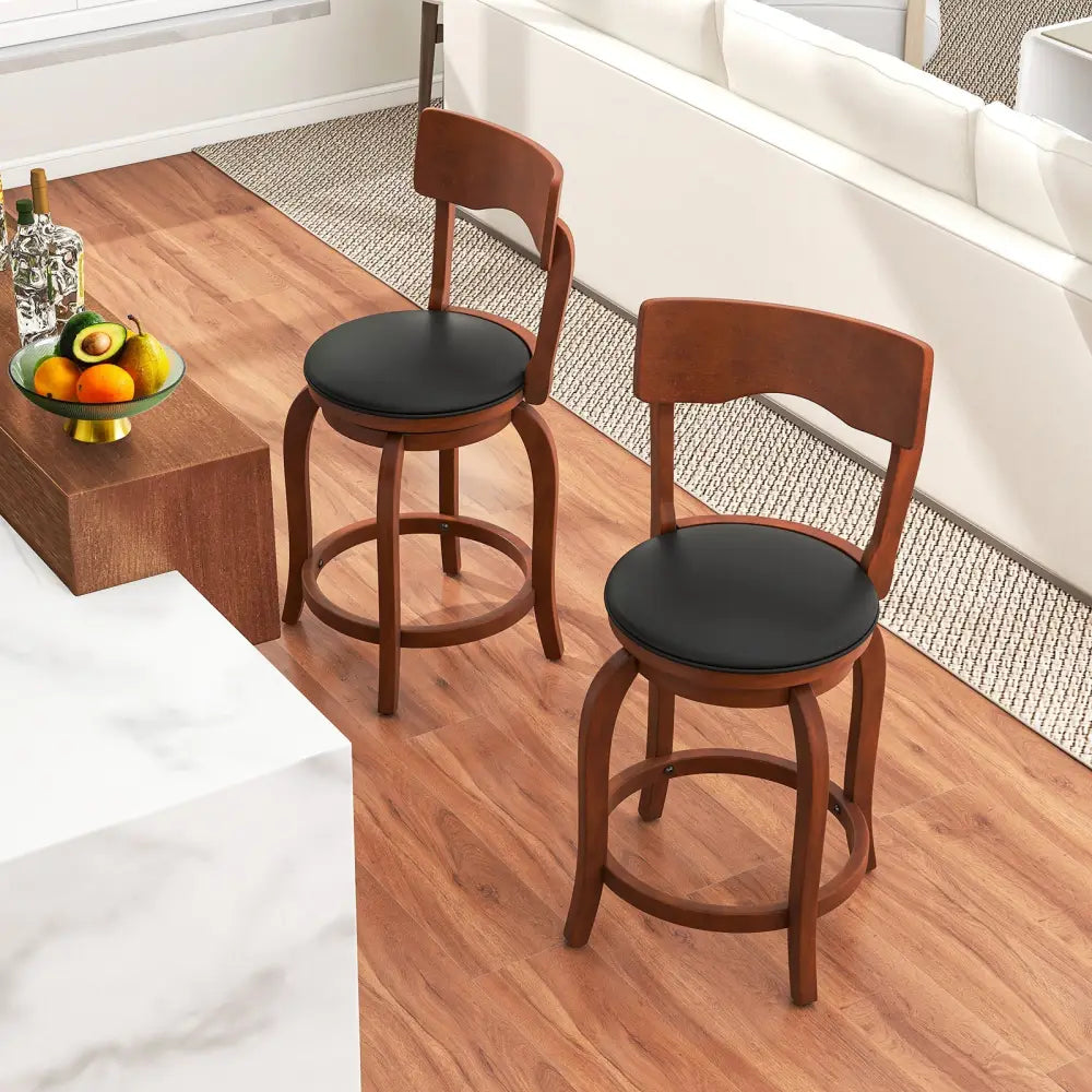 Swivel Bar Stools Set of 2 with Rubber Wood Frame and Upholstered Seat-24 Inch - Black & Brown - Bar Stools