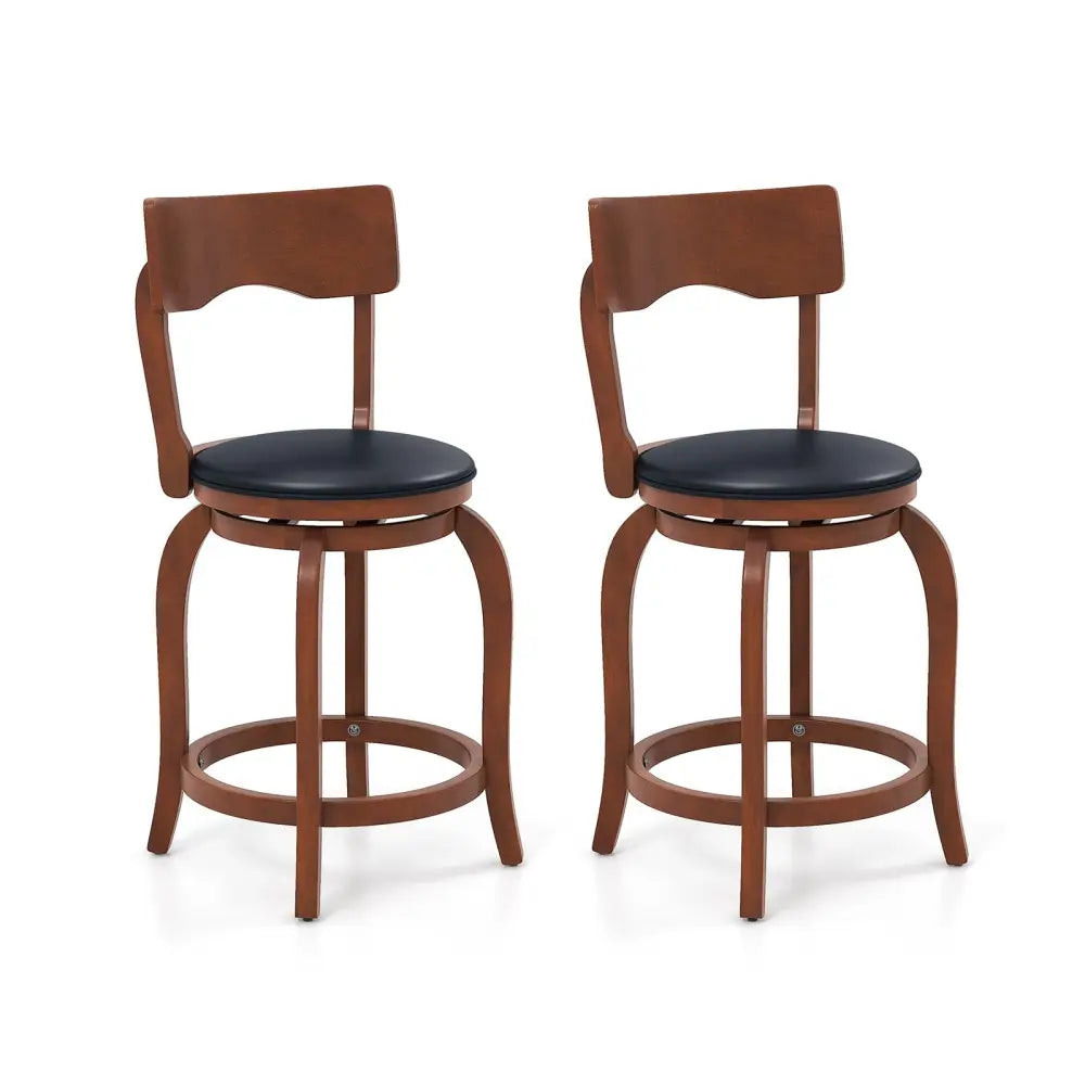 Swivel Bar Stools Set of 2 with Rubber Wood Frame and Upholstered Seat-24 Inch - Black & Brown - Bar Stools