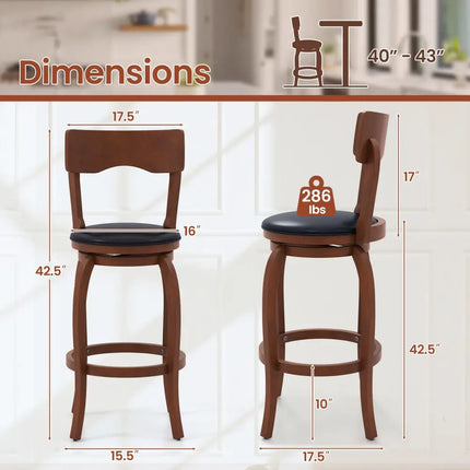 Swivel Bar Stools Set of 2 with Rubber Wood Frame and Upholstered Seat-29 Inch - Black & Brown - Bar Stools
