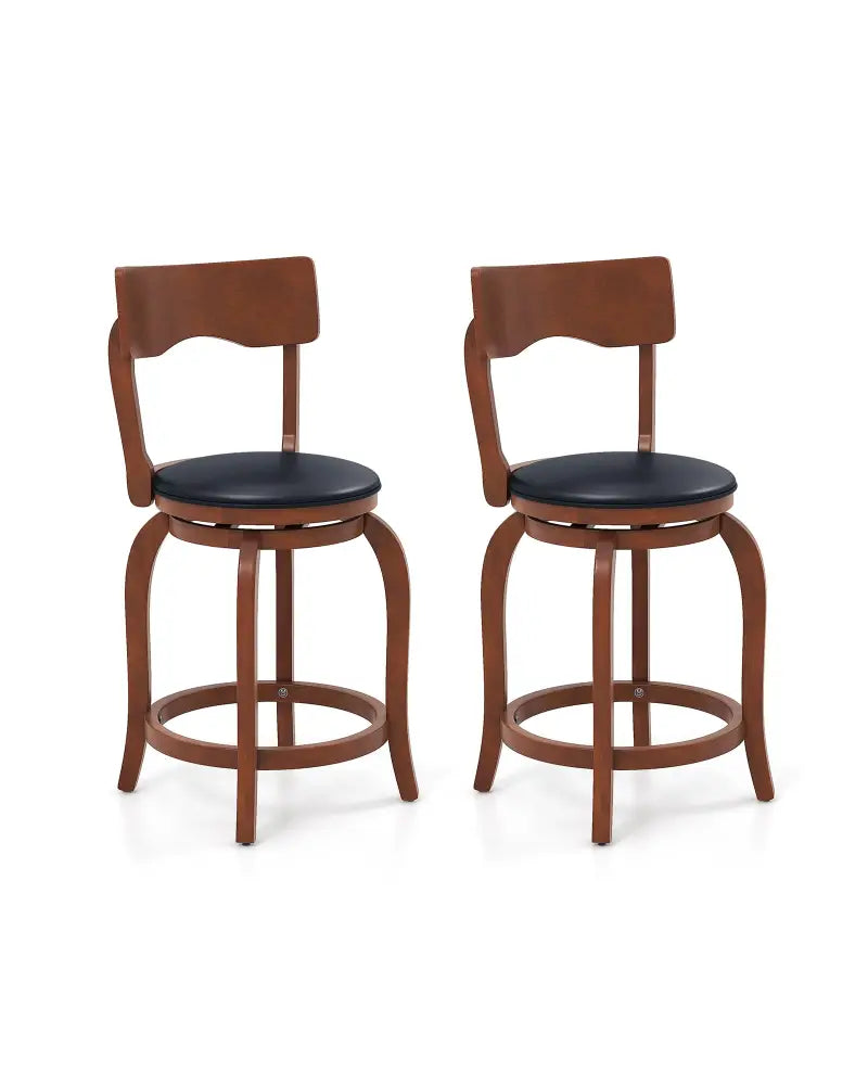 Swivel Bar Stools Set of 2 with Rubber Wood Frame and Upholstered Seat-24 Inch - Black & Brown - Bar Stools