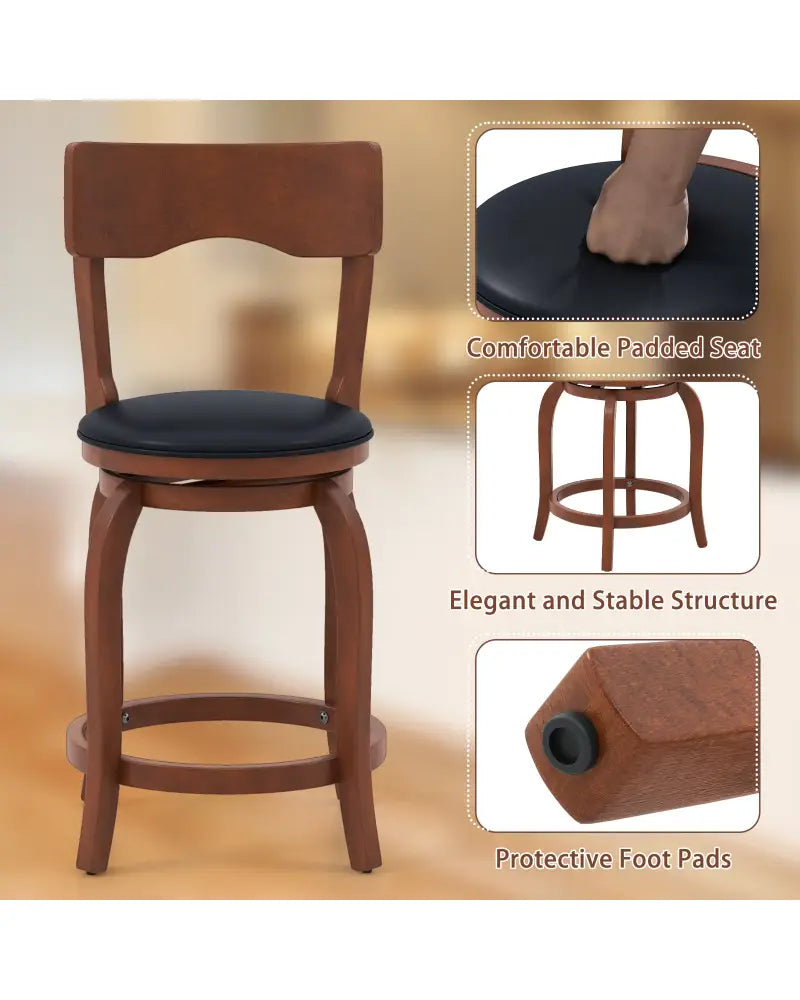 Swivel Bar Stools Set of 2 with Rubber Wood Frame and Upholstered Seat-24 Inch - Black & Brown - Bar Stools