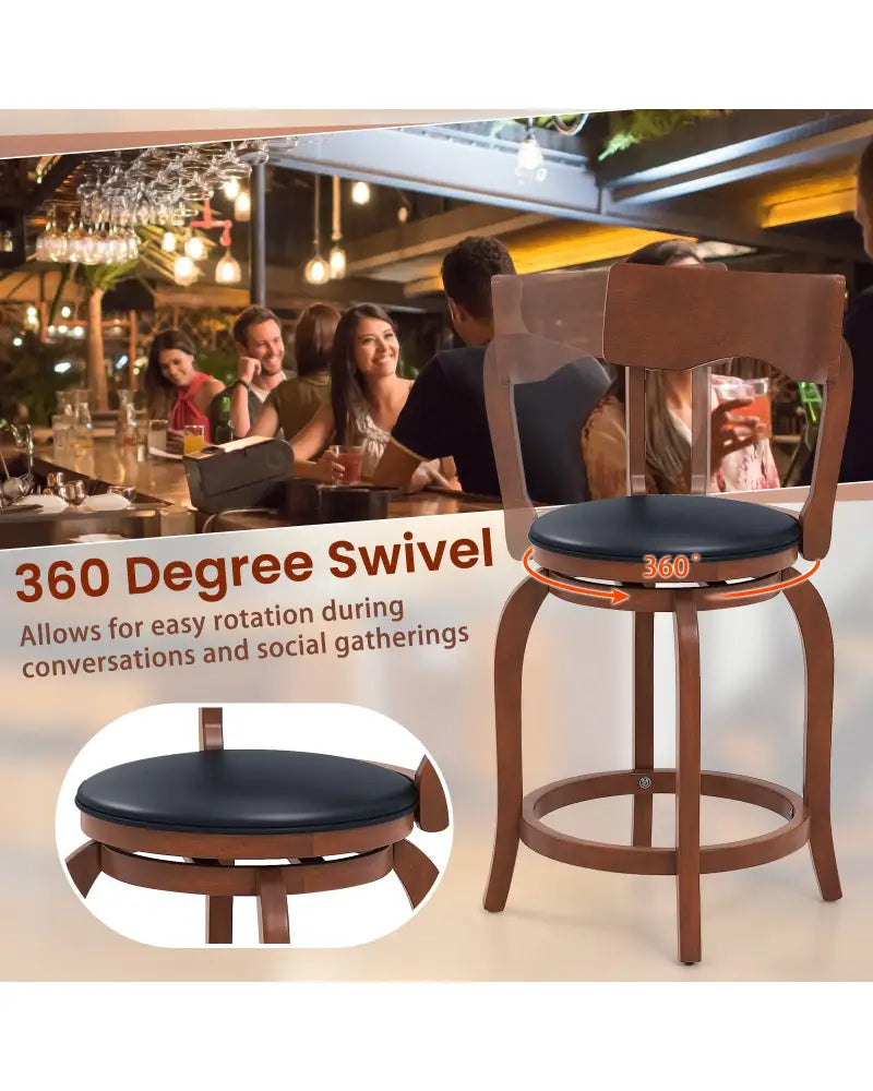 Swivel Bar Stools Set of 2 with Rubber Wood Frame and Upholstered Seat-24 Inch - Black & Brown - Bar Stools