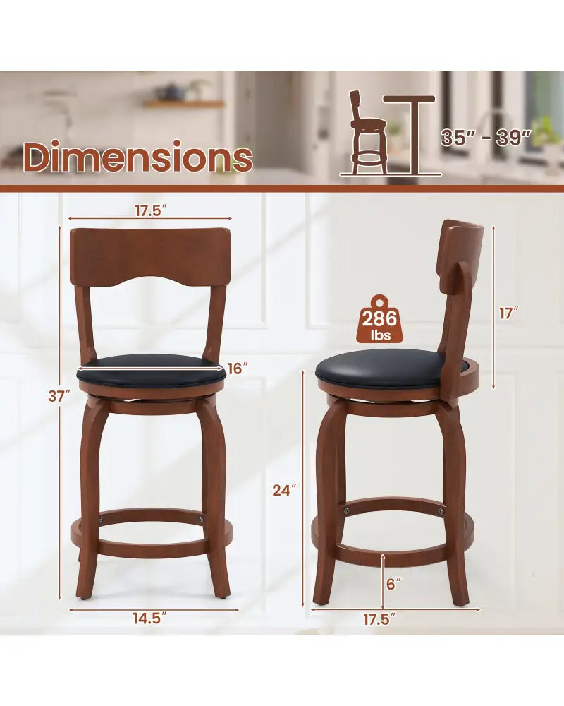 Swivel Bar Stools Set of 2 with Rubber Wood Frame and Upholstered Seat-24 Inch - Black & Brown - Bar Stools