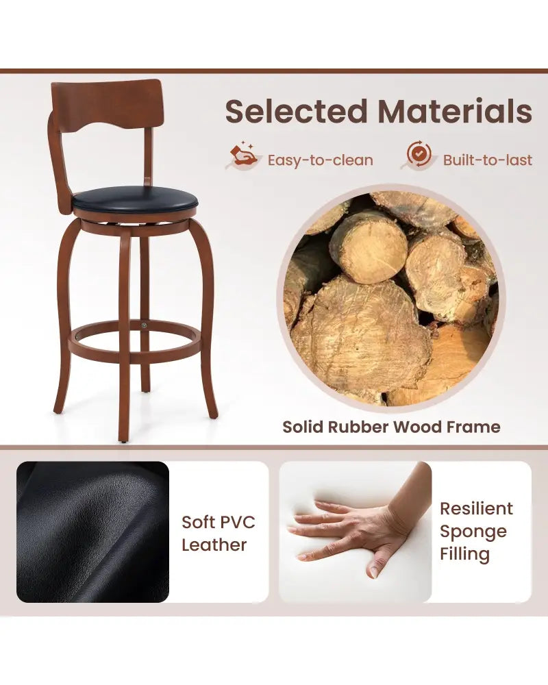 Swivel Bar Stools Set of 2 with Rubber Wood Frame and Upholstered Seat-29 Inch - Black & Brown - Bar Stools