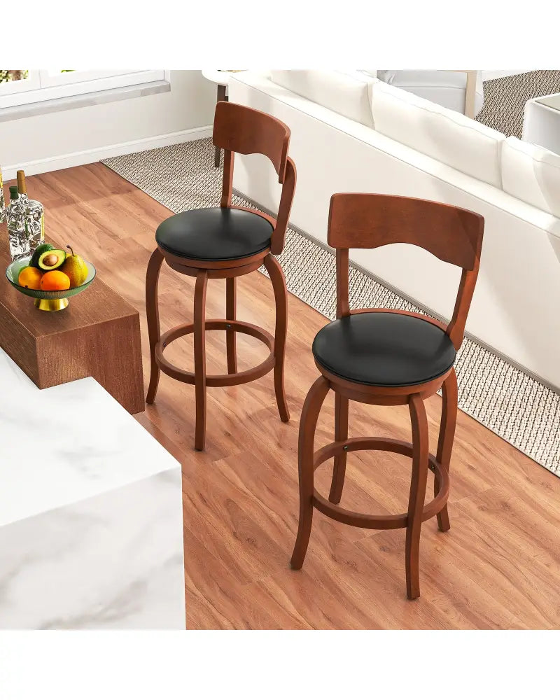 Swivel Bar Stools Set of 2 with Rubber Wood Frame and Upholstered Seat-29 Inch - Black & Brown - Bar Stools