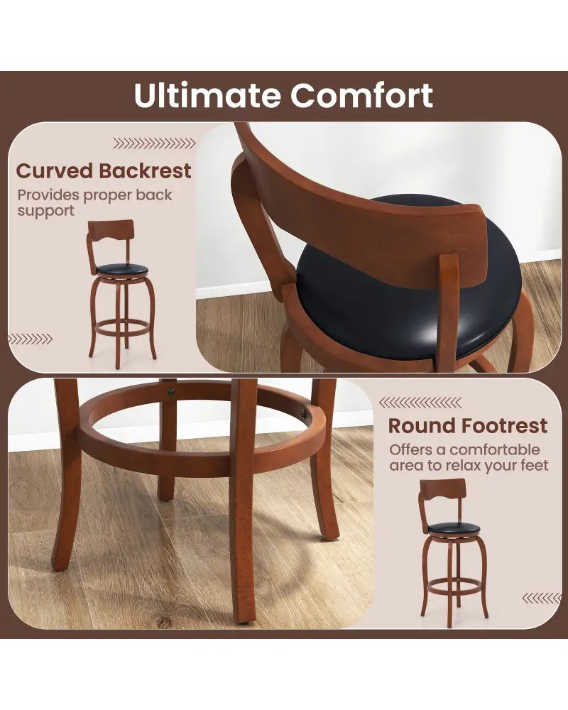 Swivel Bar Stools Set of 2 with Rubber Wood Frame and Upholstered Seat-29 Inch - Black & Brown - Bar Stools