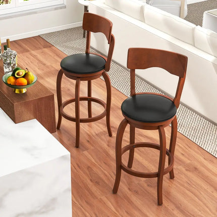 Swivel Bar Stools Set of 2 with Rubber Wood Frame and Upholstered Seat-29 Inch - Black & Brown - Bar Stools