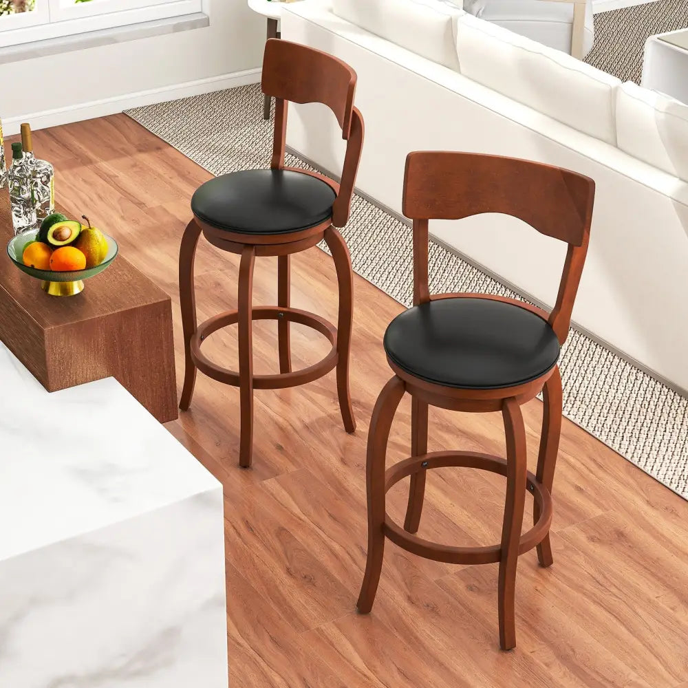 Swivel Bar Stools Set of 2 with Rubber Wood Frame and Upholstered Seat-29 Inch - Black & Brown - Bar Stools
