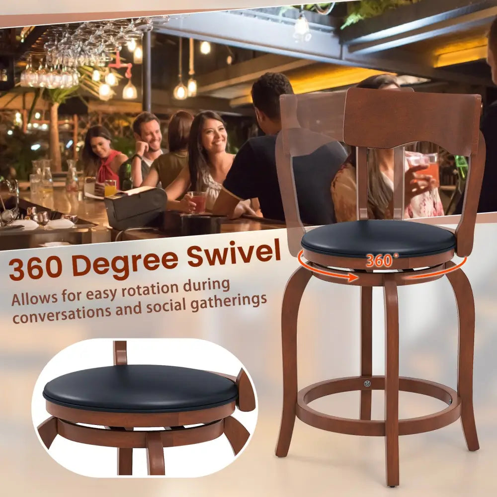 Swivel Bar Stools Set of 2 with Rubber Wood Frame and Upholstered Seat-24 Inch - Black & Brown - Bar Stools