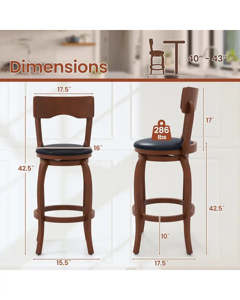 Swivel Bar Stools Set of 2 with Rubber Wood Frame and Upholstered Seat-29 Inch - Black & Brown - Bar Stools