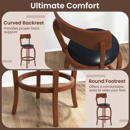 Swivel Bar Stools Set of 2 with Rubber Wood Frame and Upholstered Seat-29 Inch - Black & Brown - Bar Stools