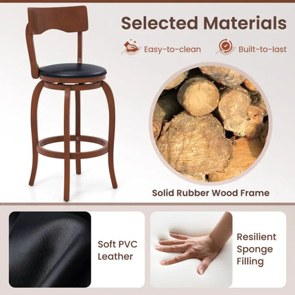 Swivel Bar Stools Set of 2 with Rubber Wood Frame and Upholstered Seat-29 Inch - Black & Brown - Bar Stools
