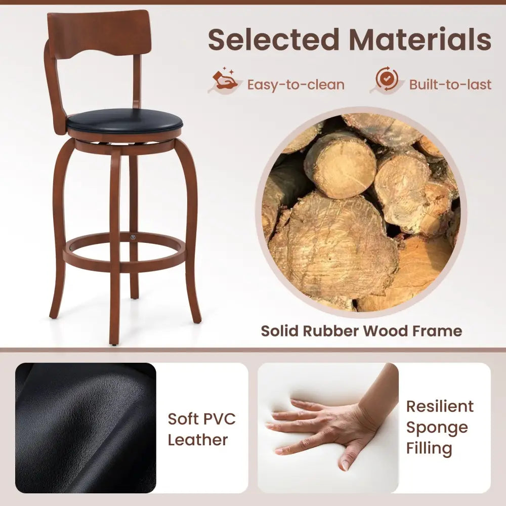 Swivel Bar Stools Set of 2 with Rubber Wood Frame and Upholstered Seat-29 Inch - Black & Brown - Bar Stools