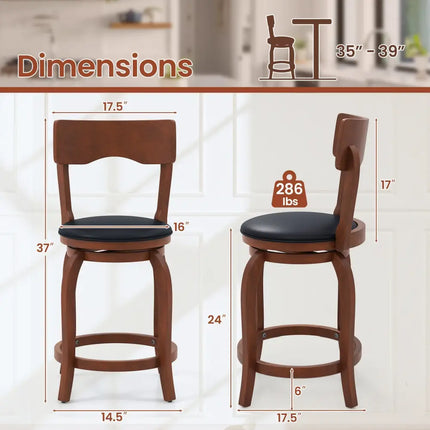 Swivel Bar Stools Set of 2 with Rubber Wood Frame and Upholstered Seat-24 Inch - Black & Brown - Bar Stools
