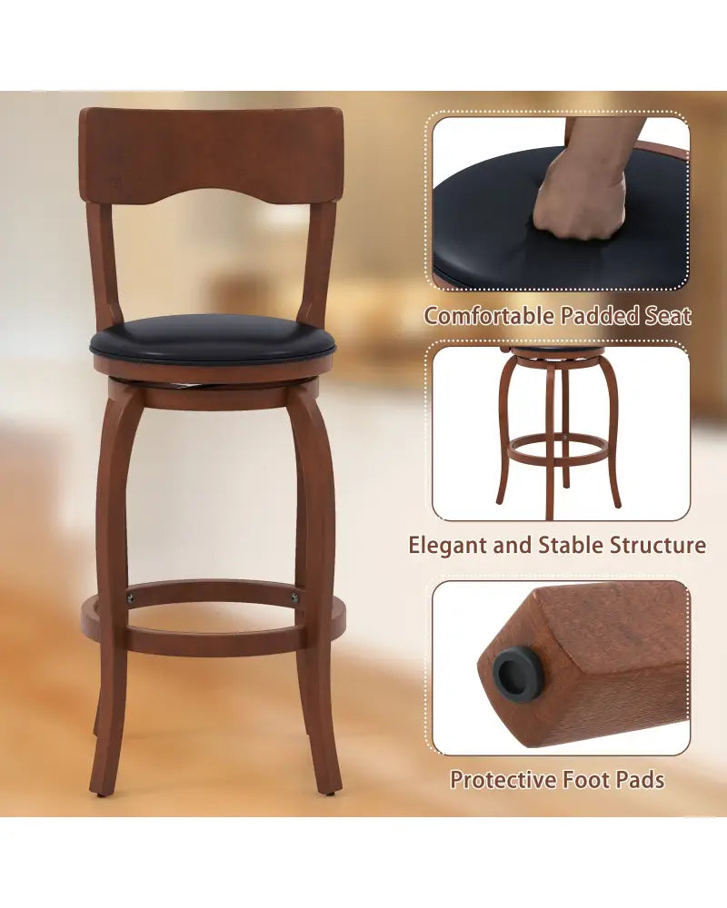 Swivel Bar Stools Set of 2 with Rubber Wood Frame and Upholstered Seat-29 Inch - Black & Brown - Bar Stools