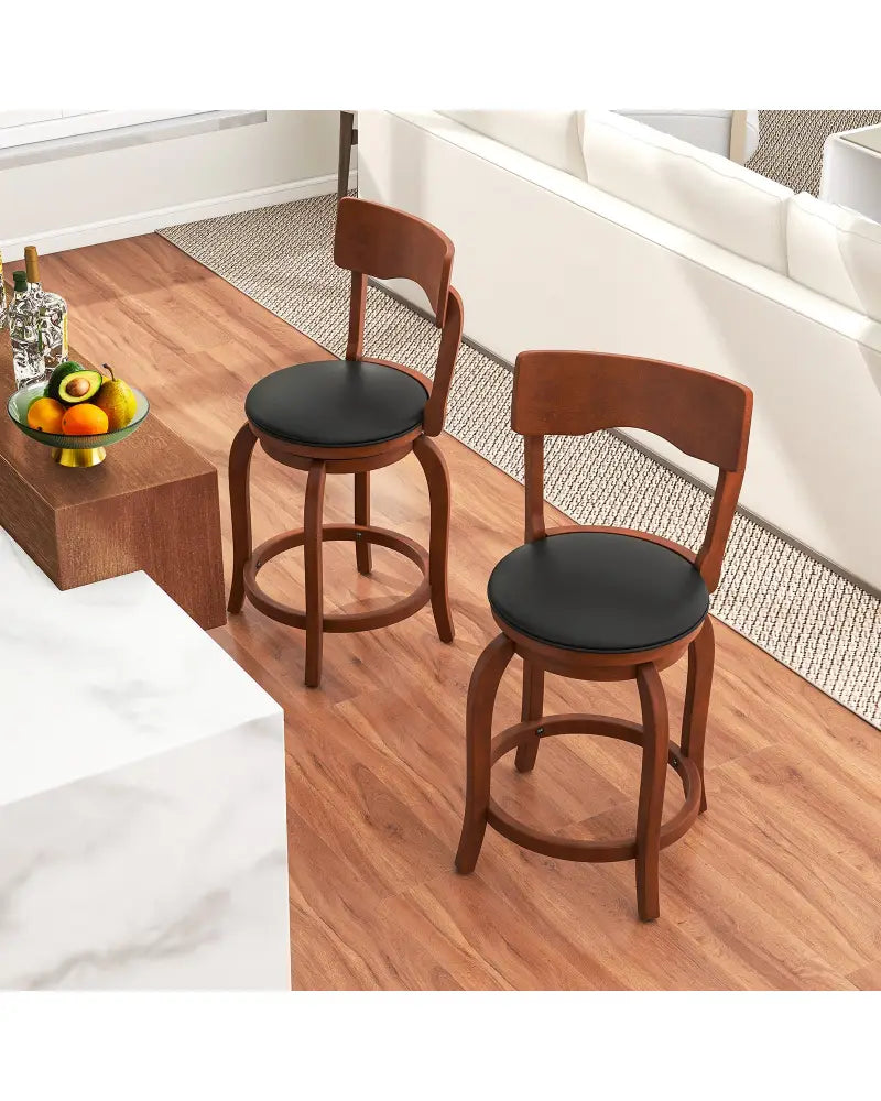 Swivel Bar Stools Set of 2 with Rubber Wood Frame and Upholstered Seat-24 Inch - Black & Brown - Bar Stools
