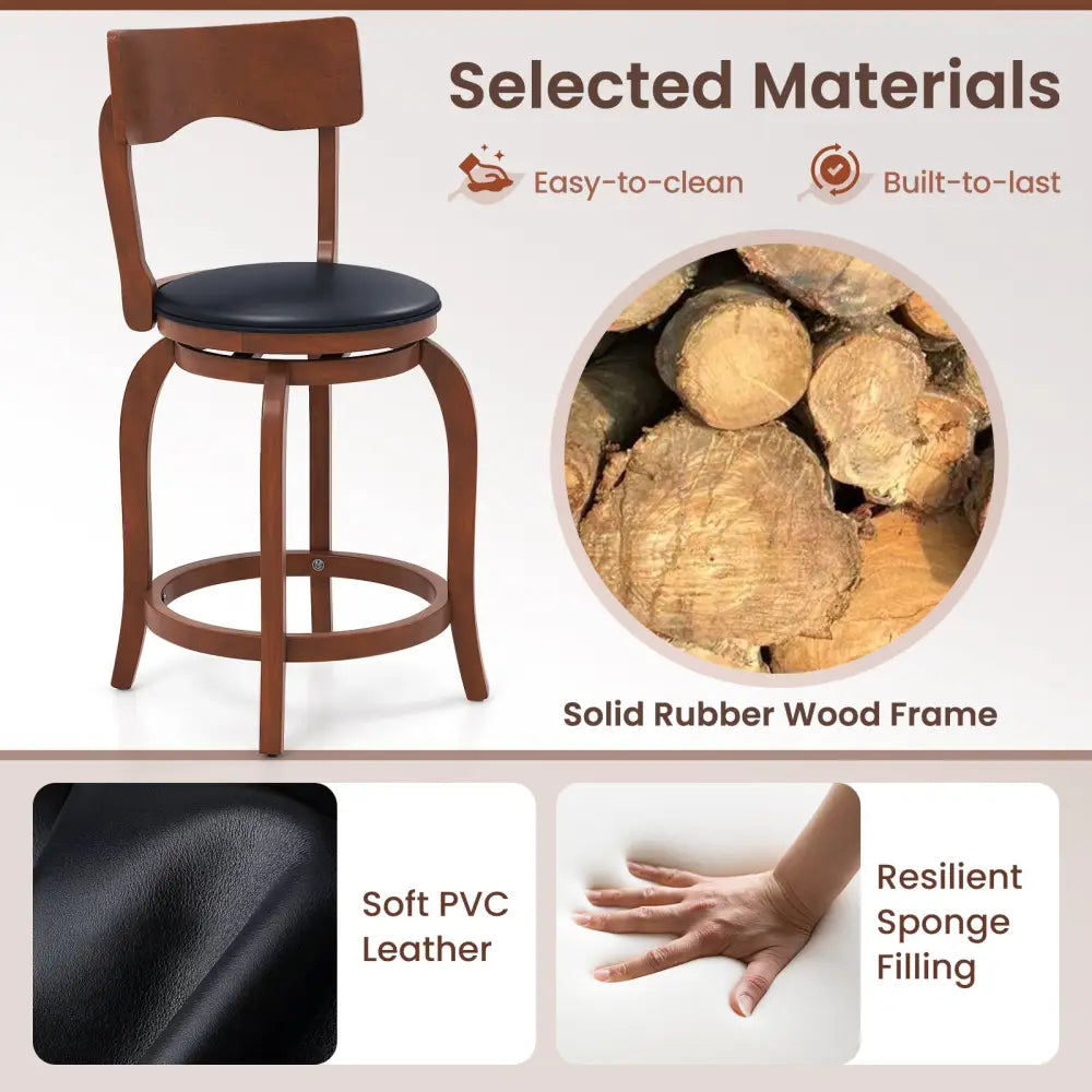 Swivel Bar Stools Set of 2 with Rubber Wood Frame and Upholstered Seat-24 Inch - Black & Brown - Bar Stools